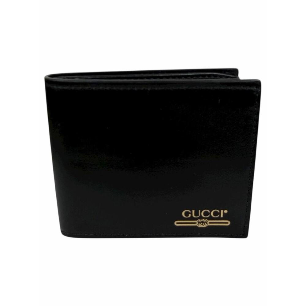 Gucci Gold Logo Leather Bi-fold Wallet Black Men 547585